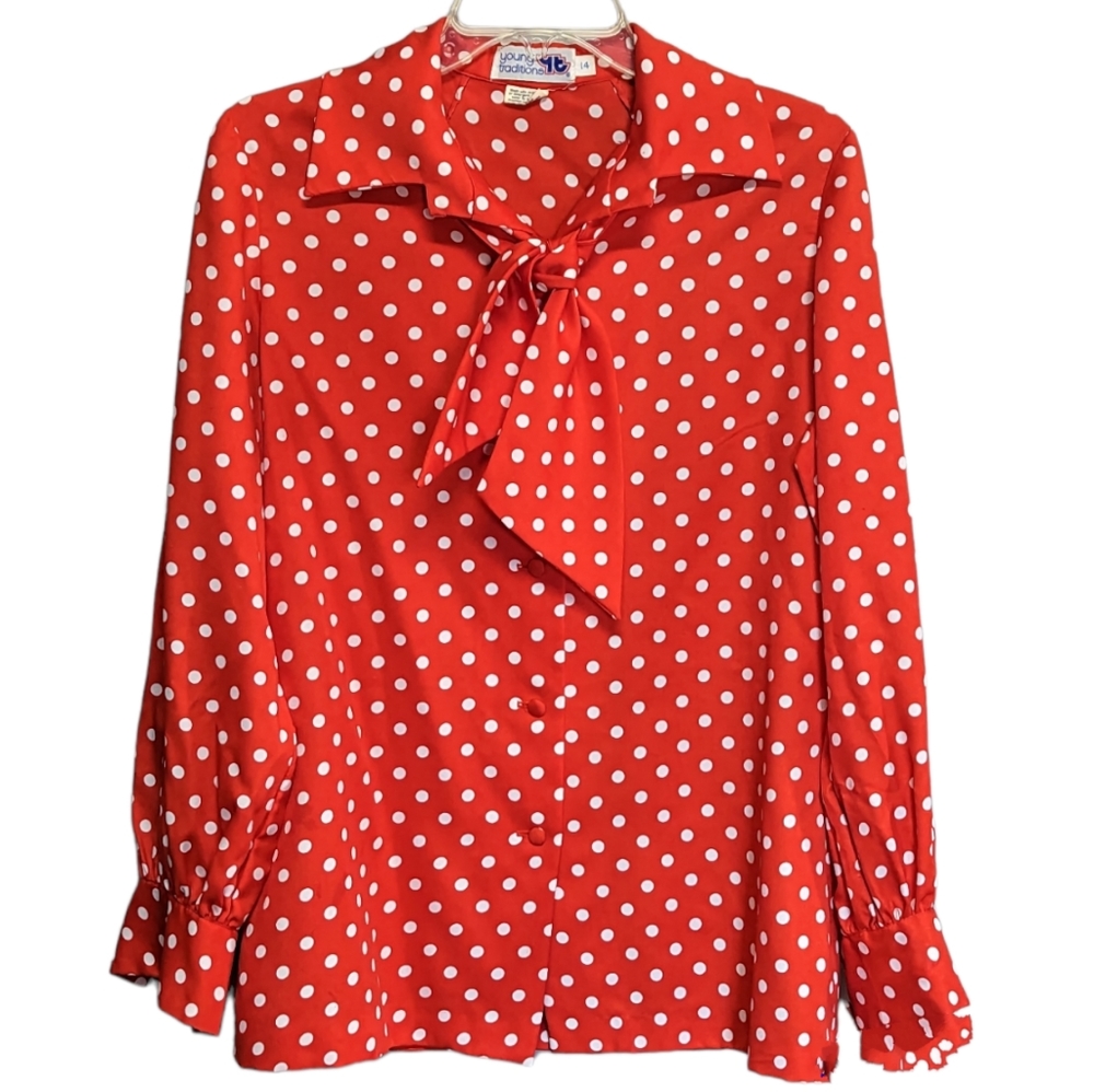 Vintage Young Traditions Polka Dot Top Neck Scarf/Tie Retro Button Down Collar L